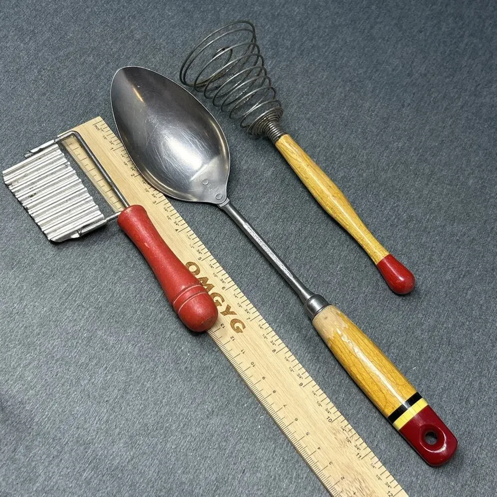 3pc Vintage Kitchen Tool Set EKCO Serving Spoon Whisk Cheese Cutter Wood Handles